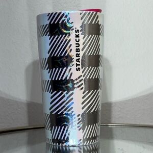 Starbucks 2024 Iridescent Luster Silver Pink Checkered Ceramic Travel Mug